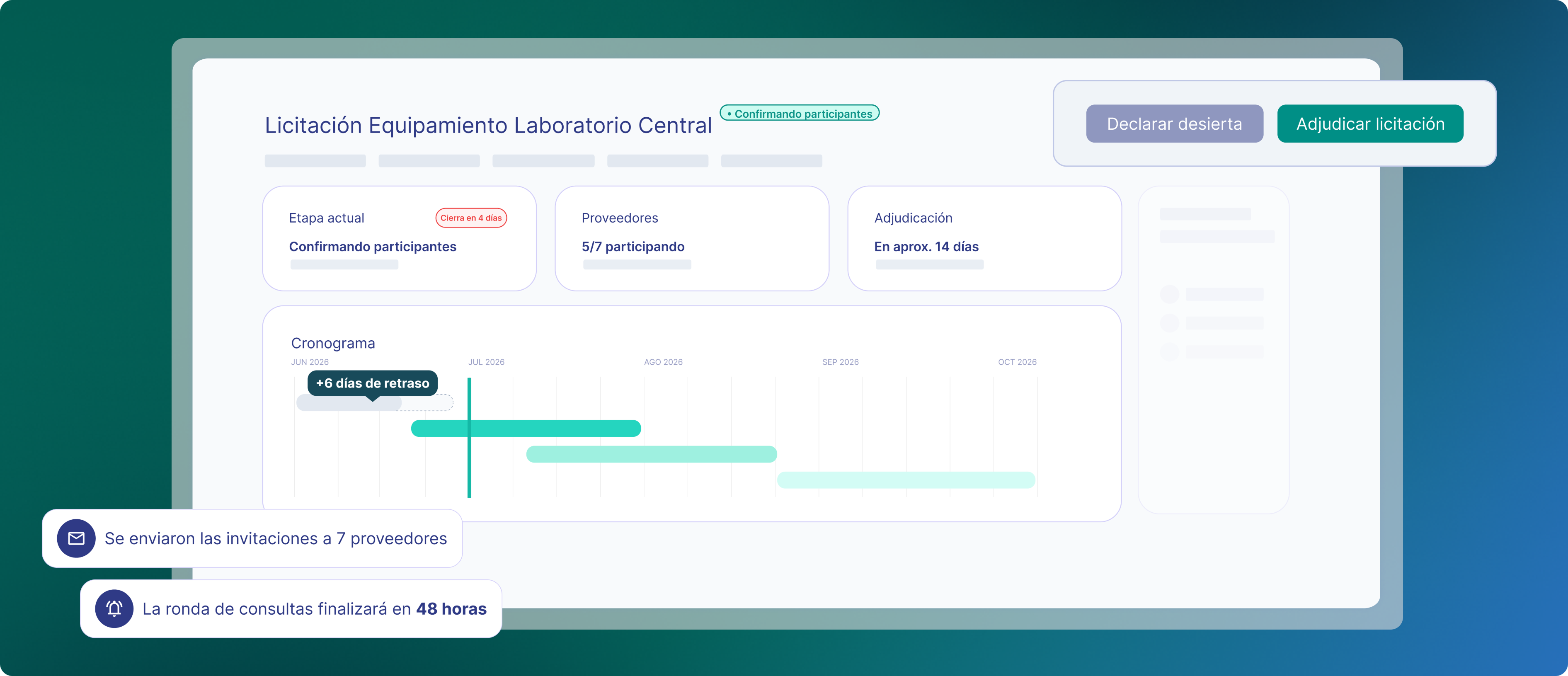 Plataforma de licitaciones privadas de Plutto: panel de una licitaci&oacute;n con etapa actual, proveedores participando y cronograma con alertas de plazo
